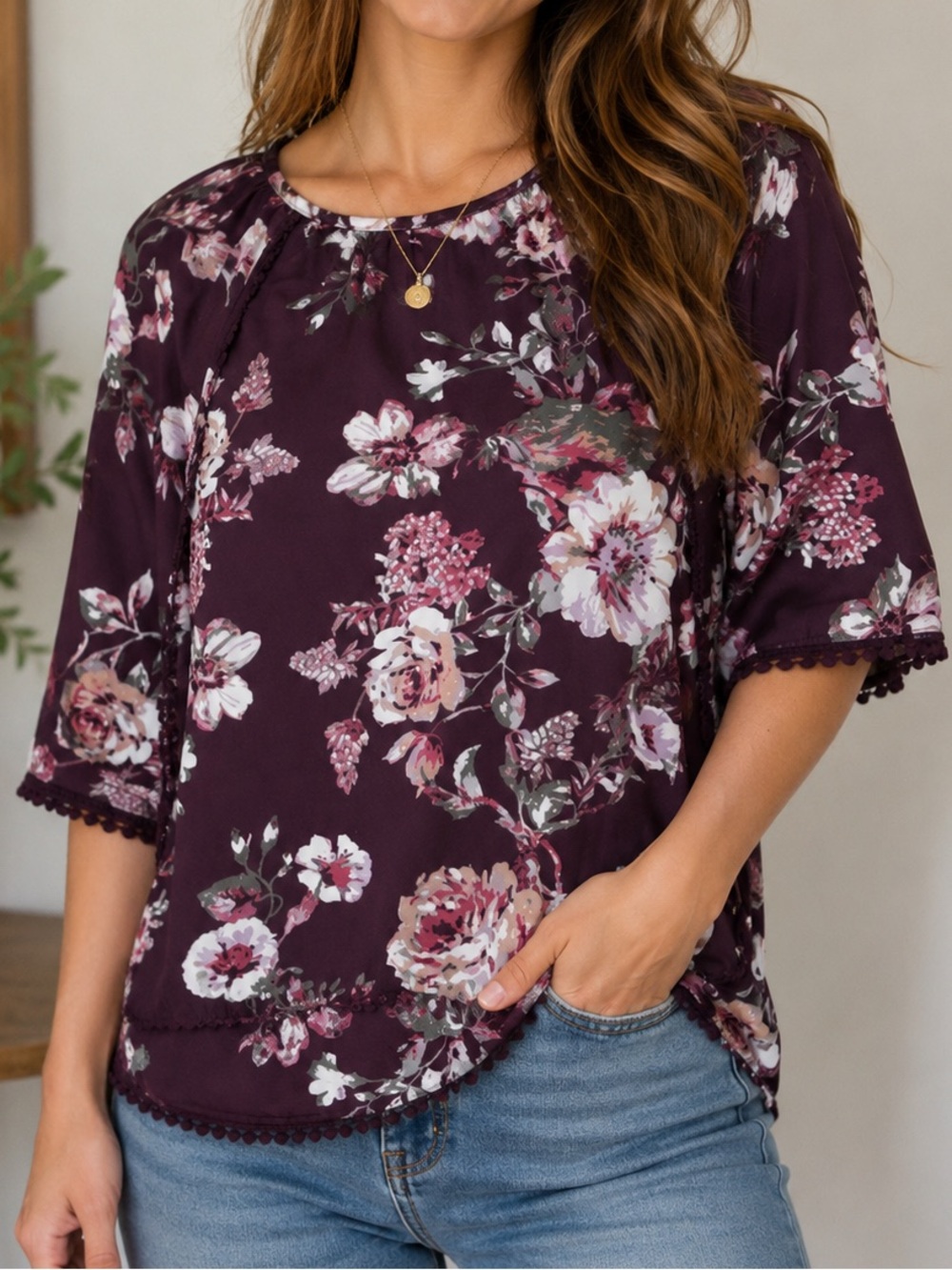 Burgundy floral print blouse size XS